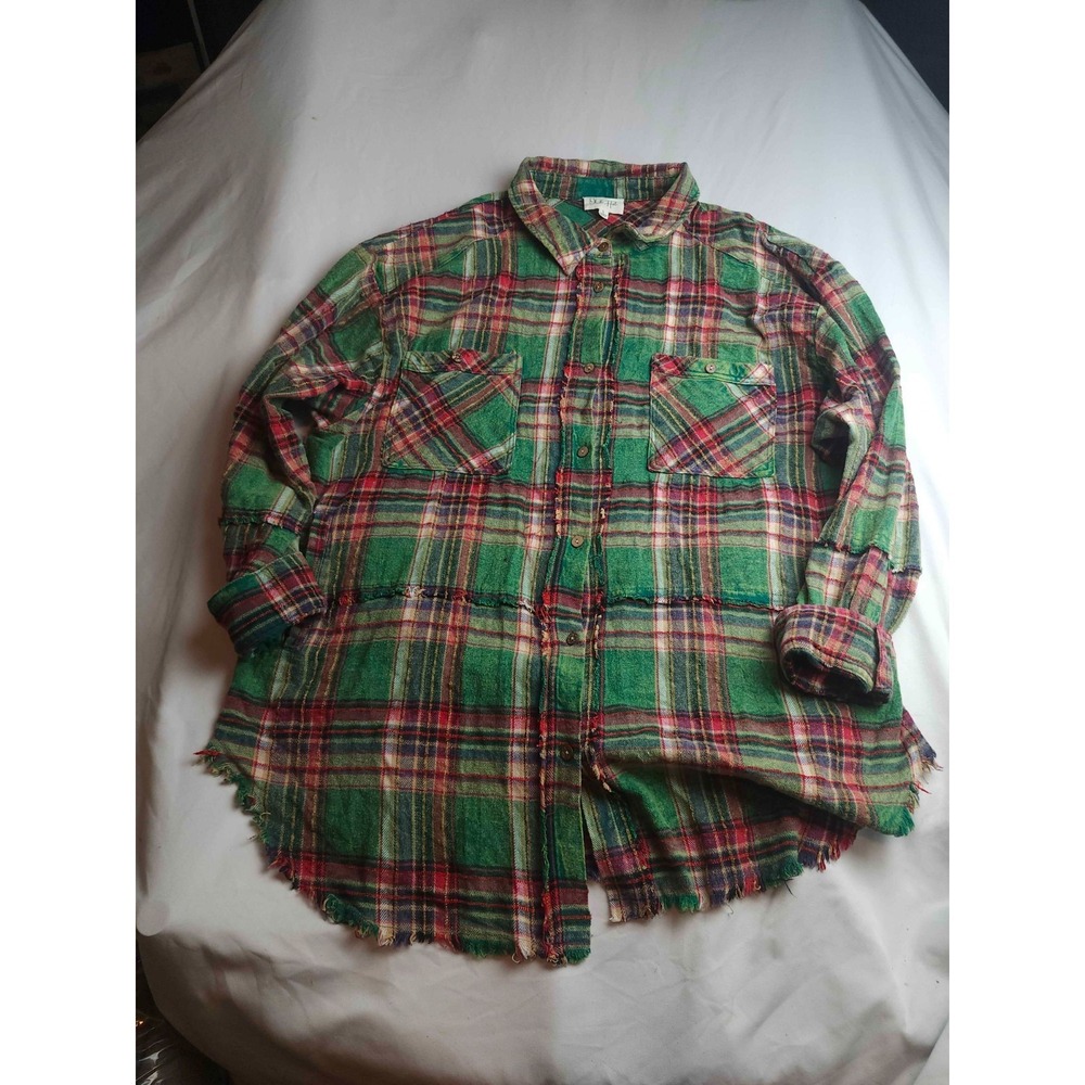 Oli & Hali Shirt Women Large Green Plaid Fringe Trim Button Up Tunic Long Sleeve